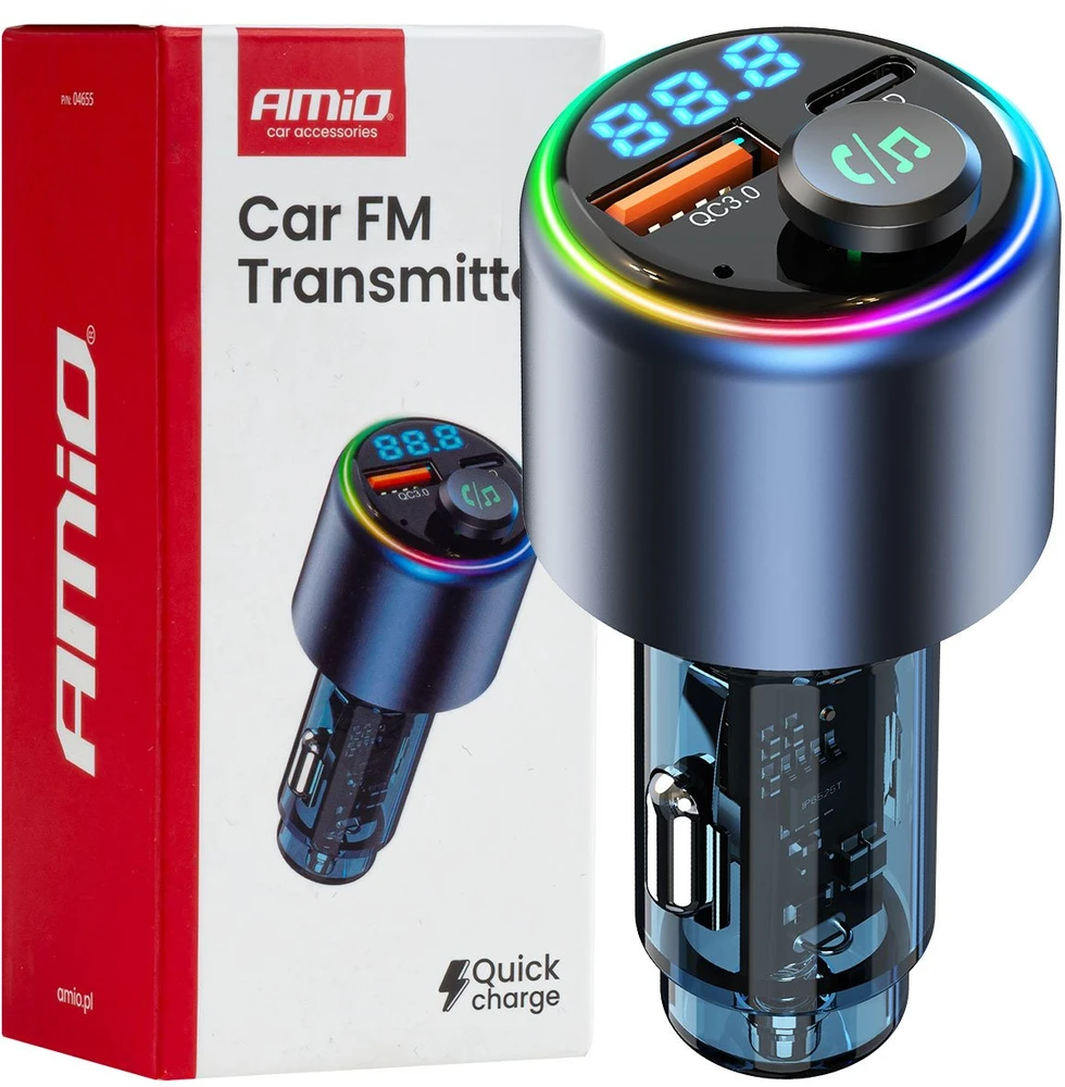 Automobilinis FM siųstuvas, 1×USB-A 1×USB-C 12V 24V AMIO-04655