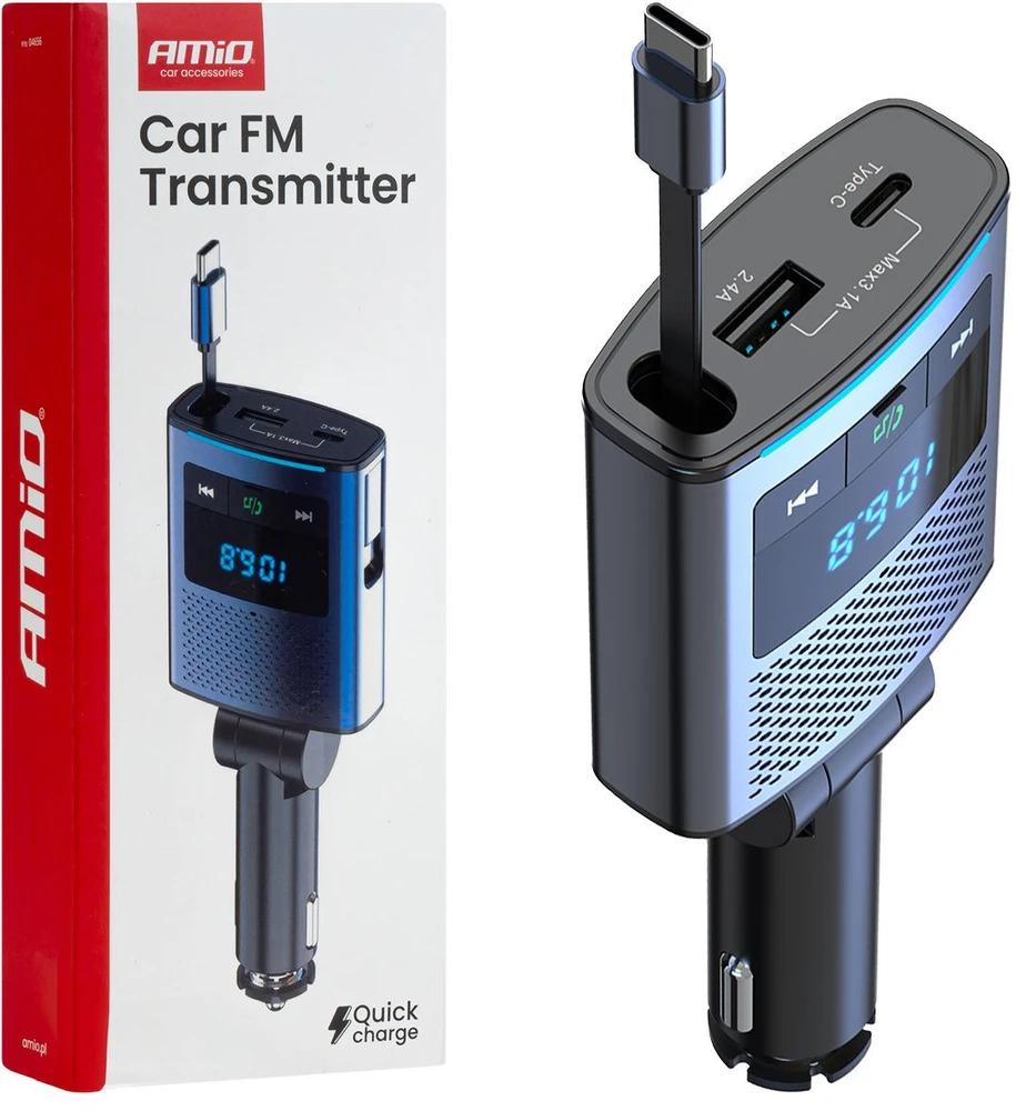 Automobilinis FM siųstuvas, 1×USB-A 1×USB-C 12V 24V AMIO-04656