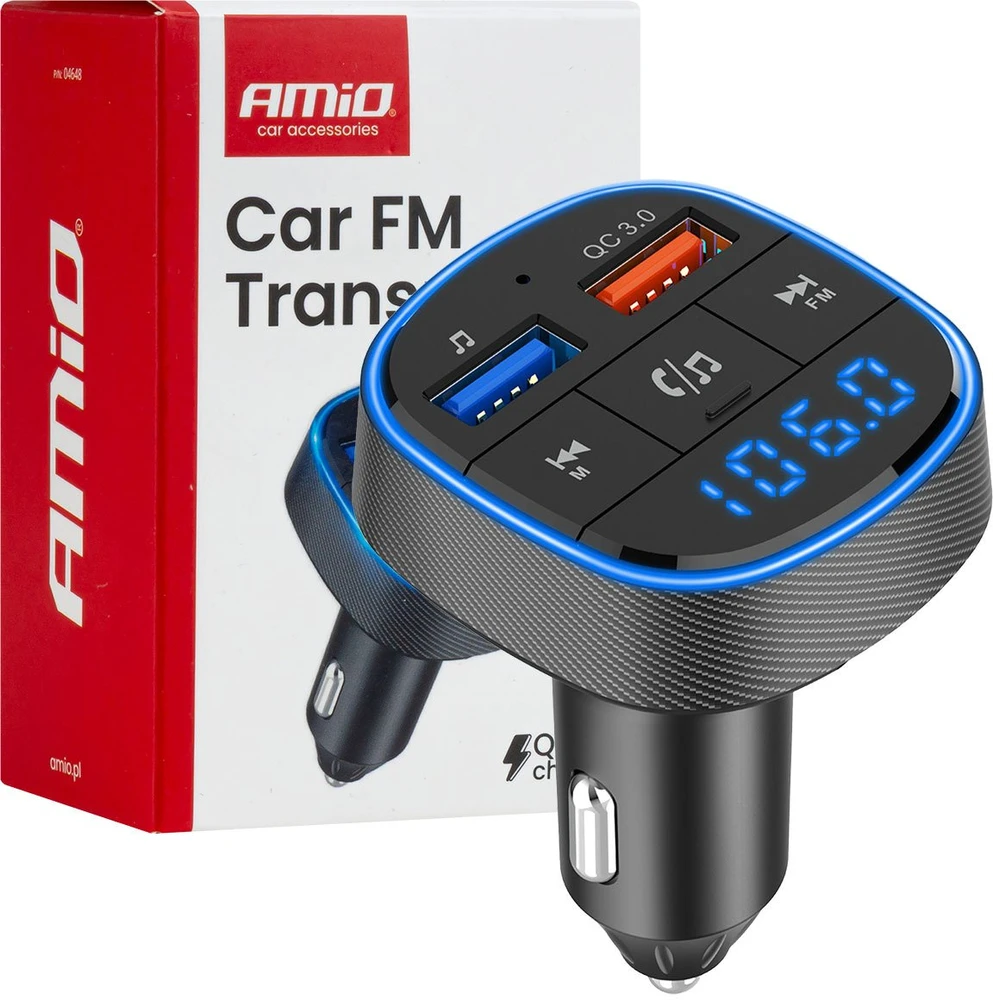 Automobilinis FM siųstuvas, 2×USB-A 12V 24V AMIO-04648