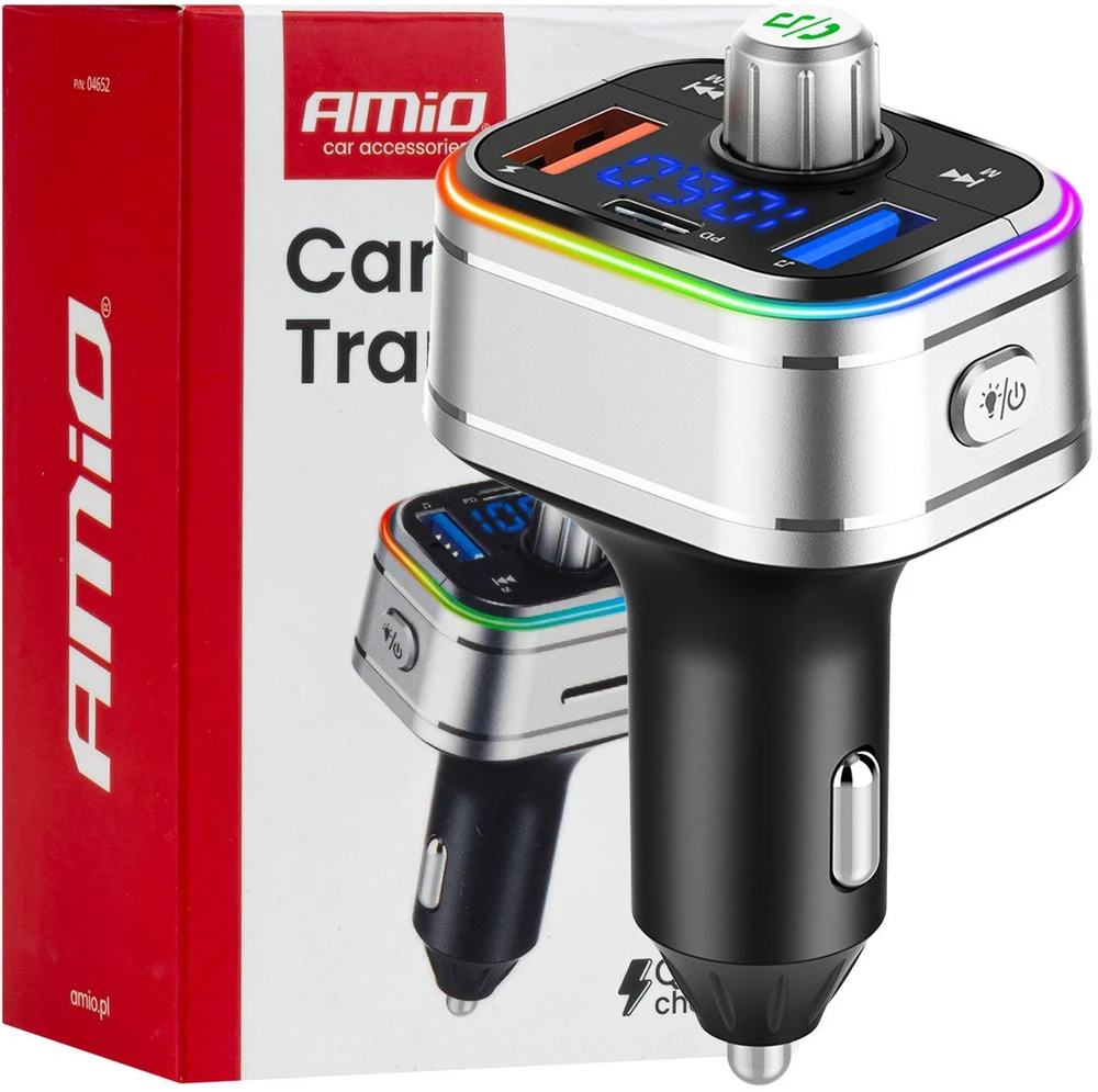 Automobilinis FM siųstuvas, FM 2×USB-A 1×USB-C Micro SD 12V 24V AMIO-04652