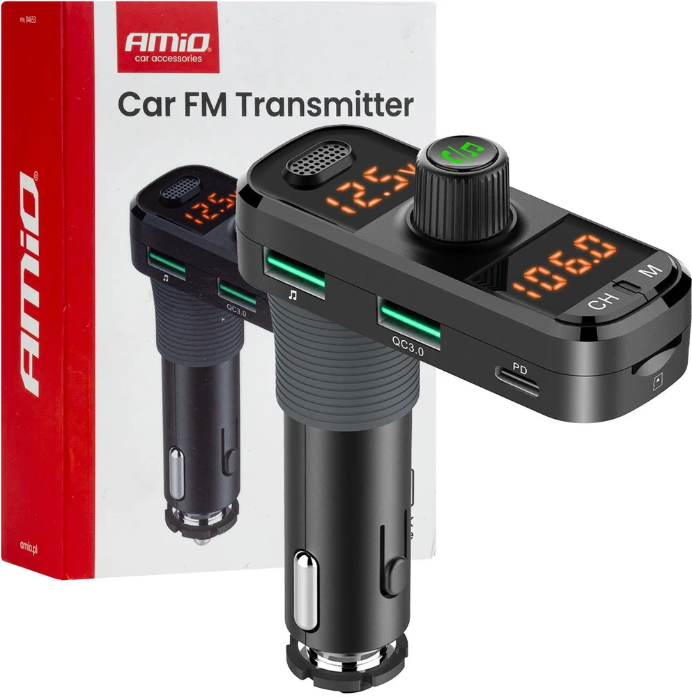 Automobilinis FM siųstuvas, 2×USB-A 1×USB-C Micro SD 12V 24V AMIO-04653