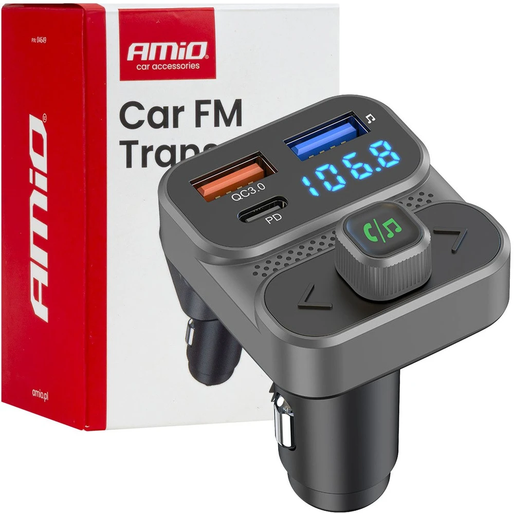 Automobilinis FM siųstuvas, 2×USB-A 1×USB-C 12V 24V AMIO-04649