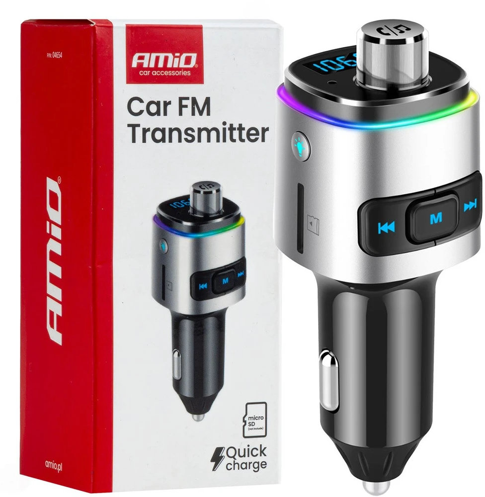 Automobilinis FM siųstuvas, 2×USB-A Micro SD 12V 24V AMIO-04654