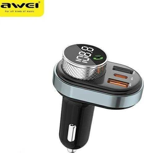 AWEI C-843 laisvų rankų įranga su FM siųstuvu, Bluetooth 5.0, MP3, 1xUSB+1xUSB-C juodas