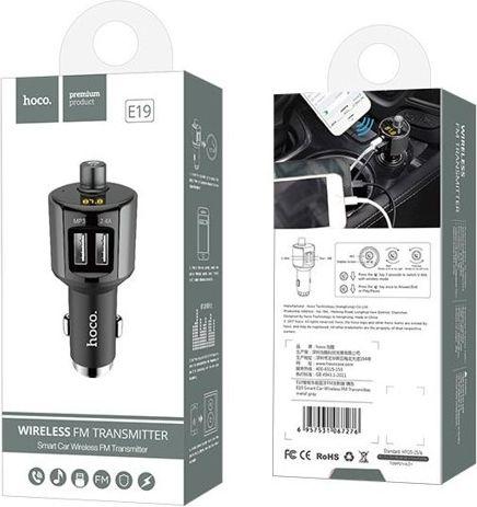 Gsm City Automobilinis įkroviklis + FM siųstuvas Hoco E19 Smart vehicle (bluetooth, 2.4A) pilkas