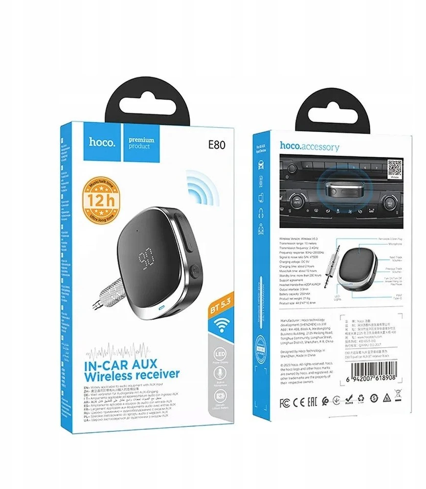 Adapteris AUX „Bluetooth“ lizdas 3,5 mm Hoco su ekranu E80 juodas