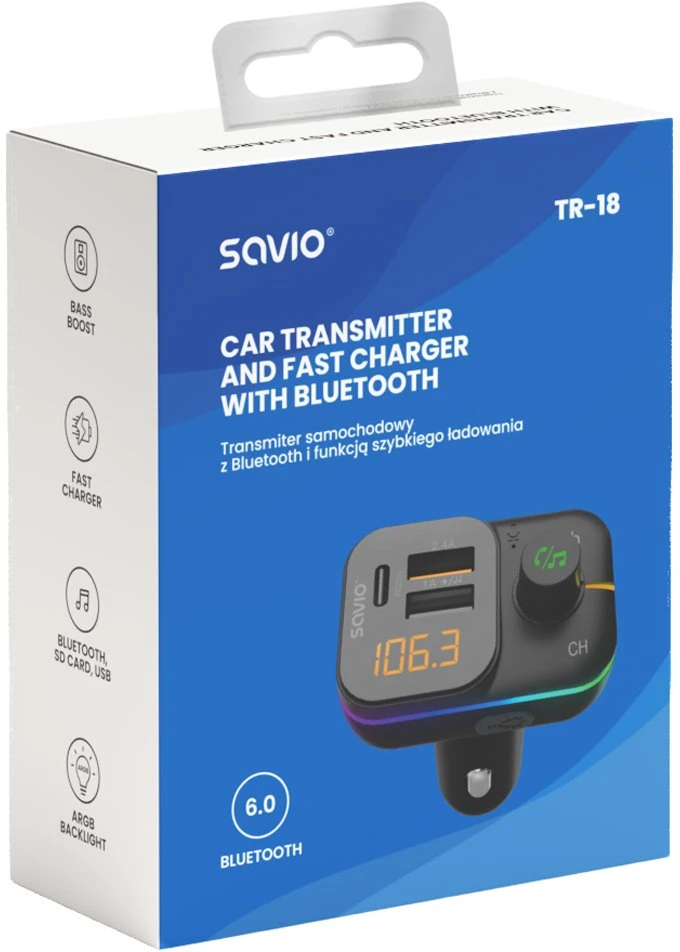 SAVIO TR-18 FM transmitter with Bluetooth and PD charger