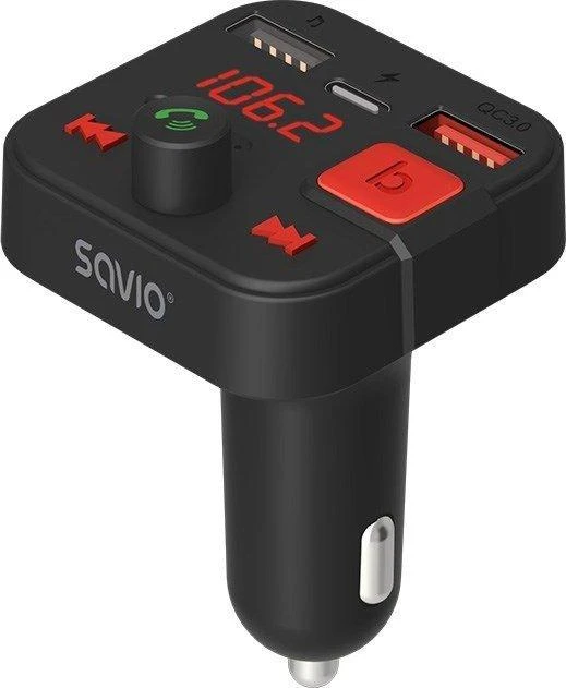 Automobilinė Garso Sistema - Savio FM Siųstuvas, Bluetooth 5.3, QC 3.0, LED Ekranas, Bass Boost