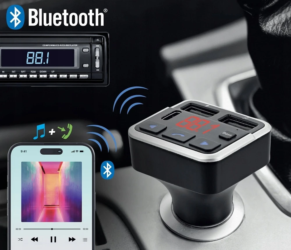 FM siųstuvas TnB FM 12–24 V Bluetooth USB įkroviklis laisvų rankų rinkinys automobiliui / Fmct07v2