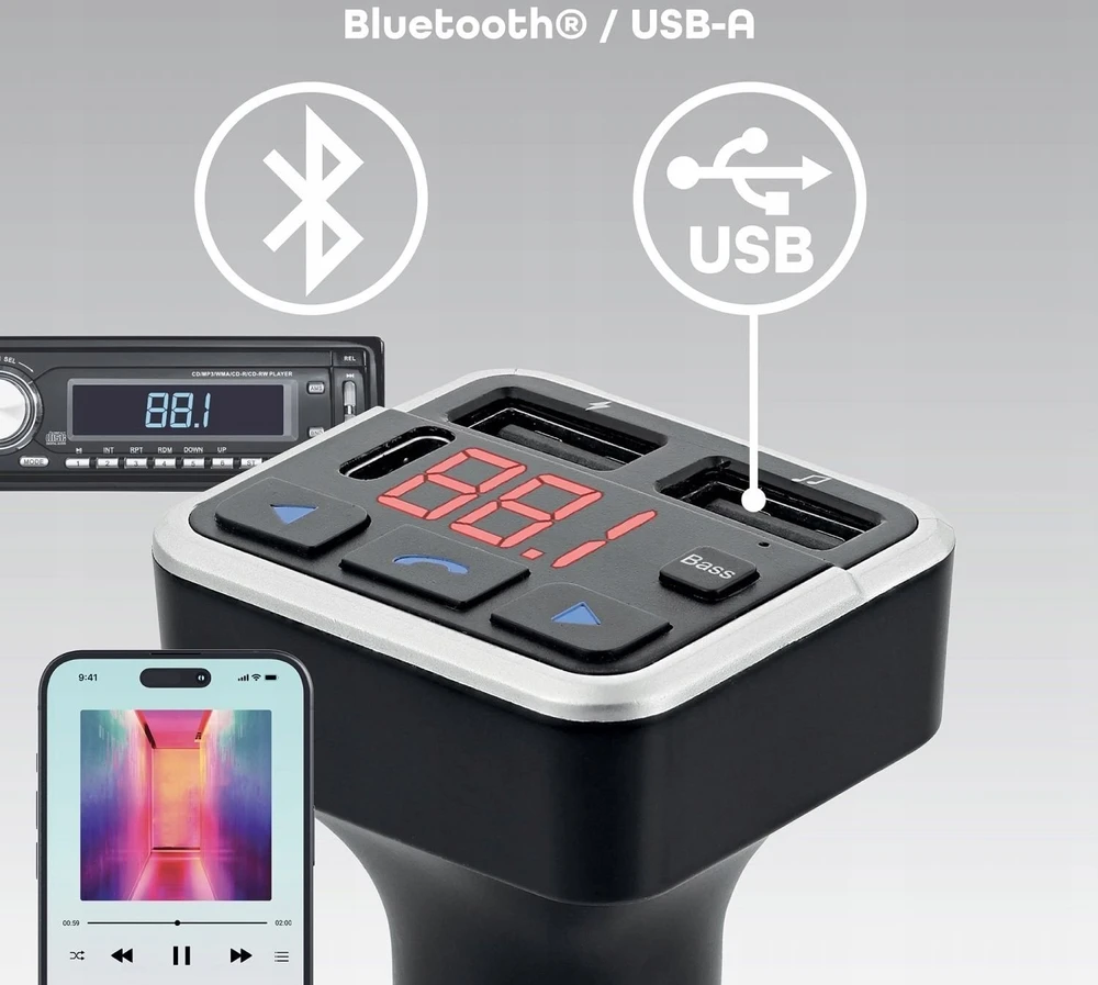 FM siųstuvas TnB FM 12–24 V Bluetooth USB įkroviklis laisvų rankų rinkinys automobiliui / Fmct07v2