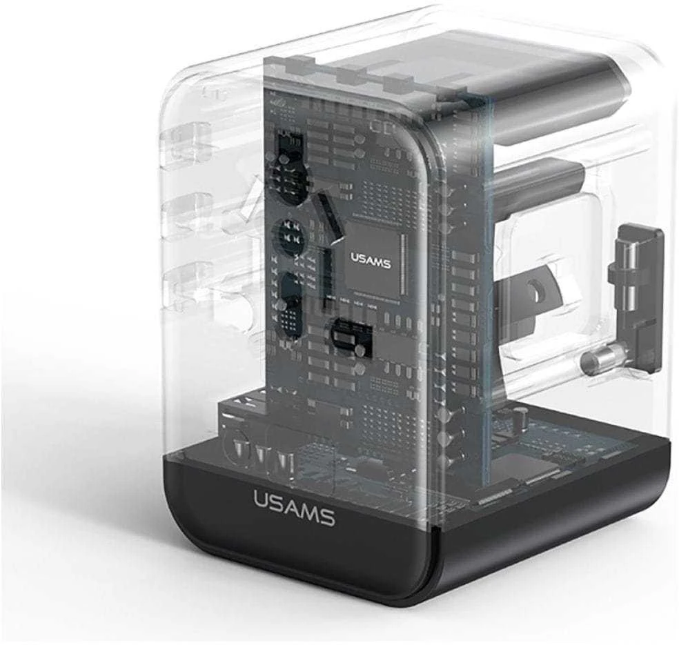 kelioninis įkroviklis Adapteris USAMS CC309 2xUSB-C 25W 4in1 US/AU/EU/UK juodos spalvos