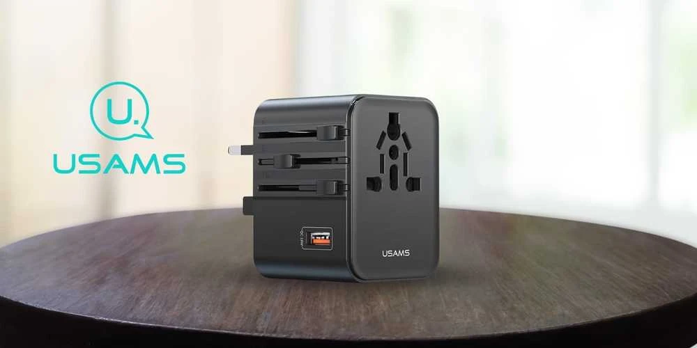 kelioninis įkroviklis Adapteris USAMS CC309 2xUSB-C 25W 4in1 US/AU/EU/UK juodos spalvos