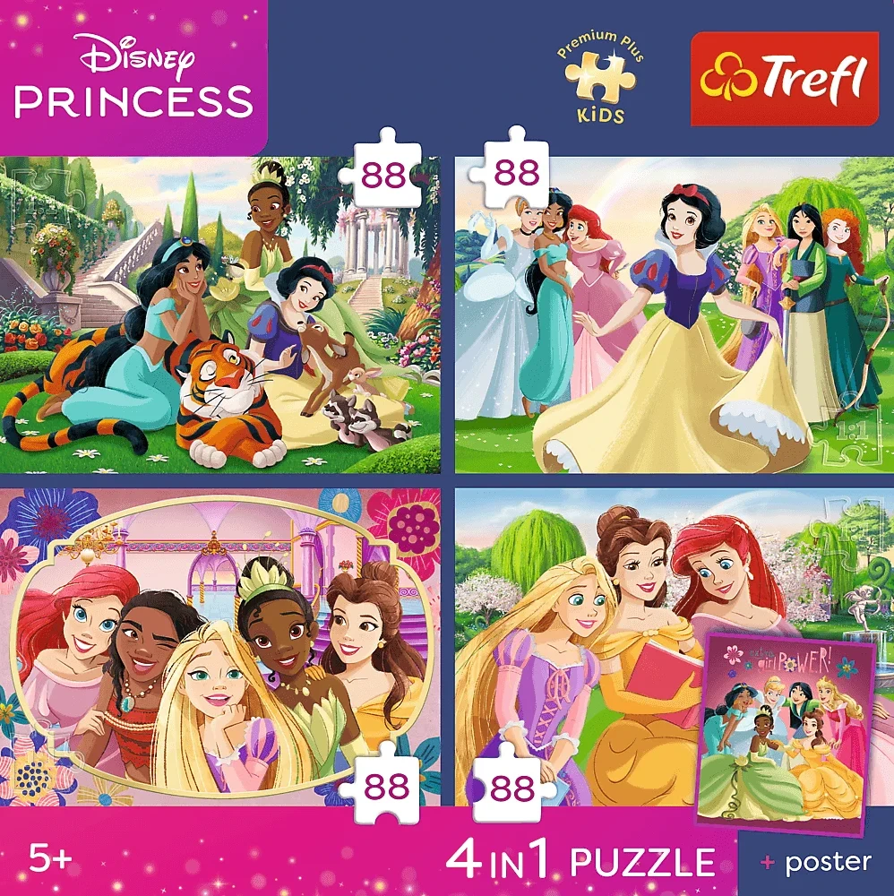 Trefl Dėlionė 4x88 vnt. - Disney princesės + kolekcinis plakatas