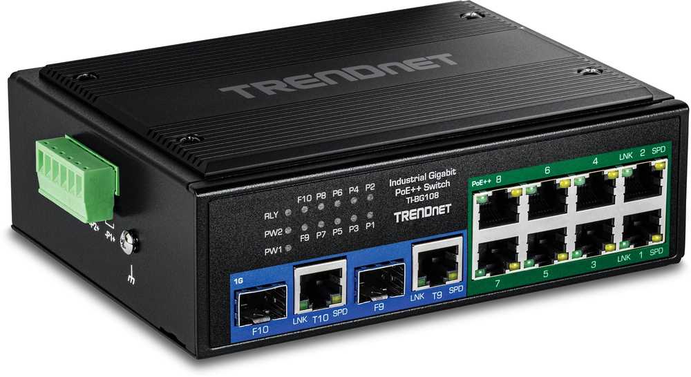 Šakotuvas TRENDnet 10 prievadų pramoninis gigabitas, 400 W PoE++ DIN bėgio komutatorius