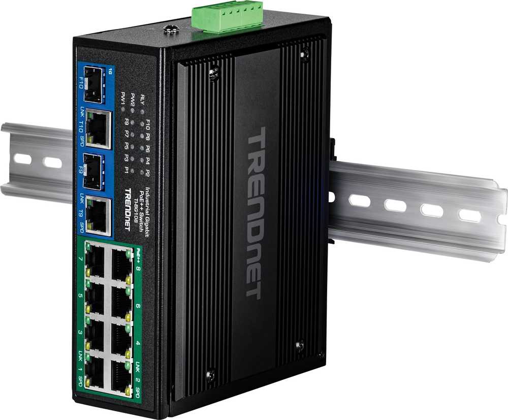 Šakotuvas TRENDnet 10 prievadų pramoninis gigabitas, 400 W PoE++ DIN bėgio komutatorius
