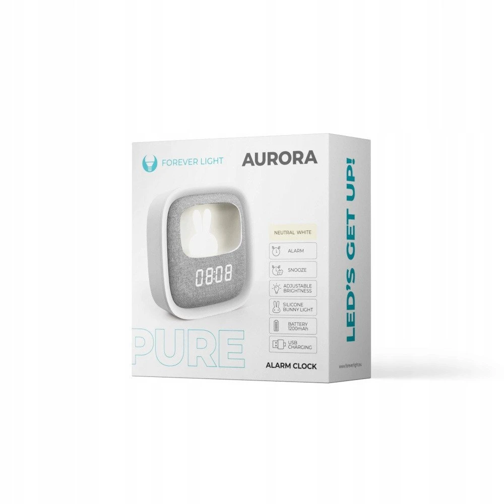 Žadintuvas su LED Bunny naktine lempute PURE FNL-06 AURORA baltos spalvos square Forever Light