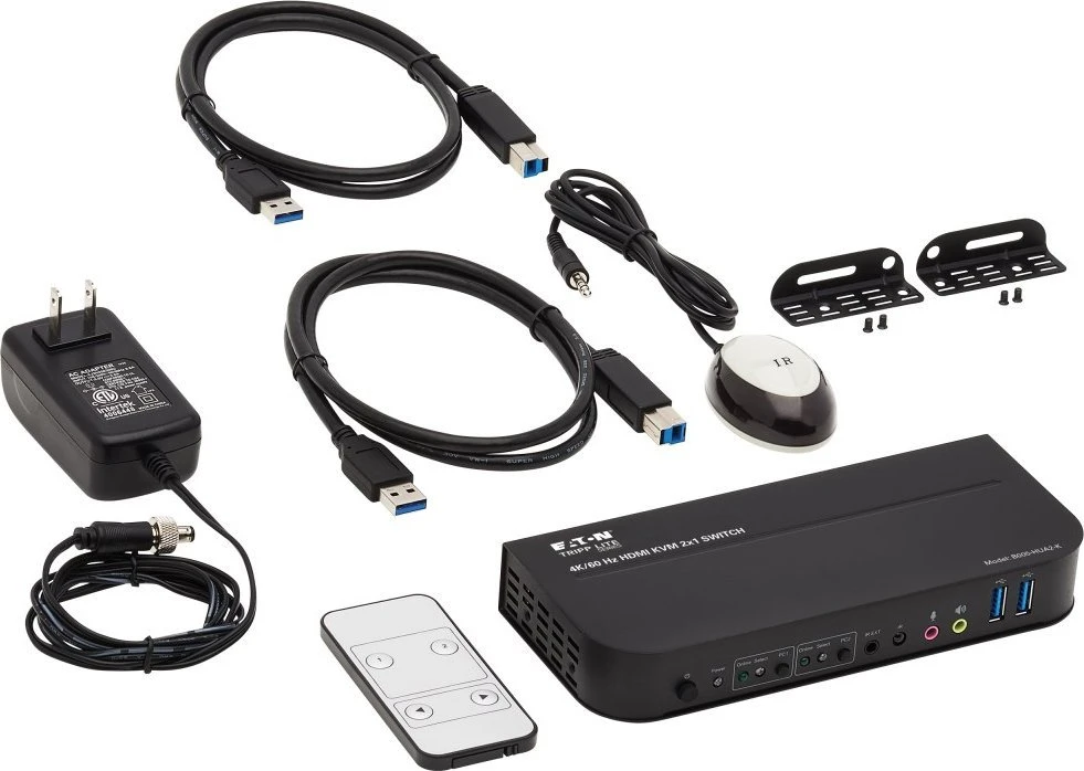 „Tripp Lite Eaton“ KVM komutatorius „Eaton Tripp Lite“ serija HDMI KVM, 2 prievadų 4K 60Hz 4:4:4, HDR, HDCP 2.2 palaikymas, IR nuotolinio valdymo pultas ir USB kabeliai - KVM/garso/USB komutatorius - 2 x KVM/garso/USB - 1 vietinis vartotojas - darbalaukio versija