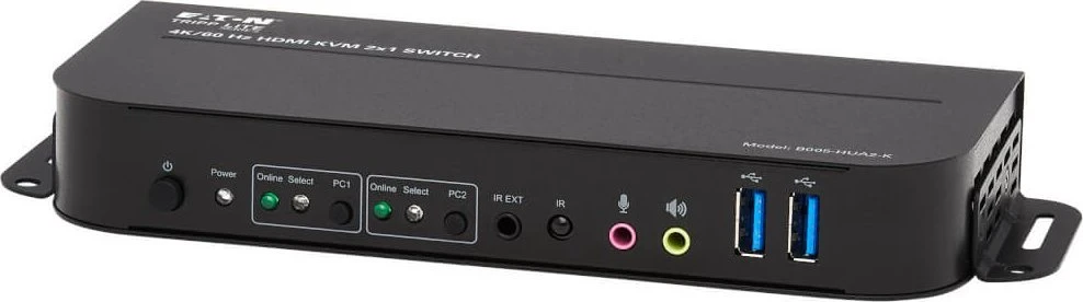 „Tripp Lite Eaton“ KVM komutatorius „Eaton Tripp Lite“ serija HDMI KVM, 2 prievadų 4K 60Hz 4:4:4, HDR, HDCP 2.2 palaikymas, IR nuotolinio valdymo pultas ir USB kabeliai - KVM/garso/USB komutatorius - 2 x KVM/garso/USB - 1 vietinis vartotojas - darbalaukio versija