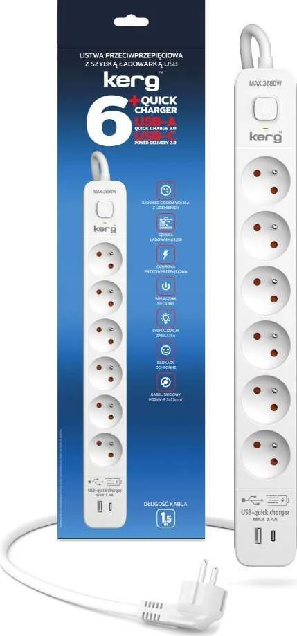 KERG ilgintuvas su automatiniu jungikliu – 6 lizdai USBC+USBA 16A 3m