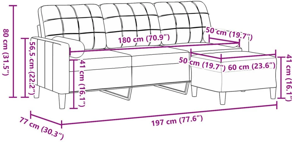 Trivietė sofa su pakoja, kreminės spalvos, 180cm, aksomas