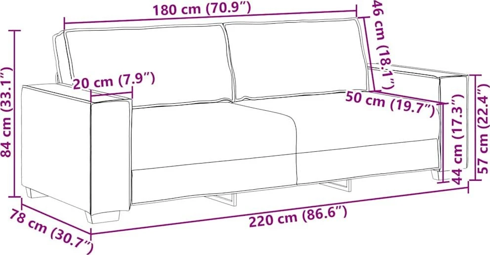 Trivietė sofa, vyno raudonumo, 220x78x84 cm, aksominė