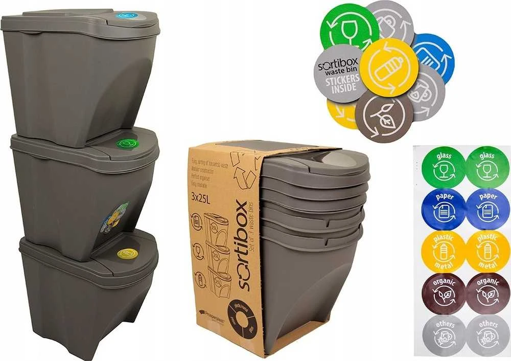 Prosperplast Sortibox pilkos spalvos šiukšlių dėžių rinkinys 3x25L
