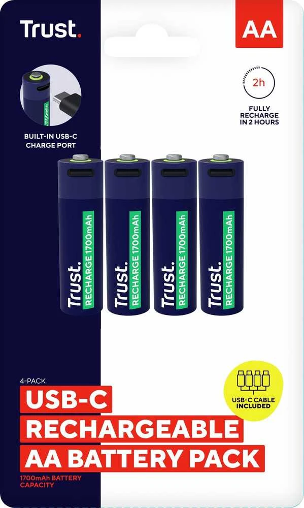 Trust AA 1700mAh pakraunamos baterijos su USB-C jungtimi