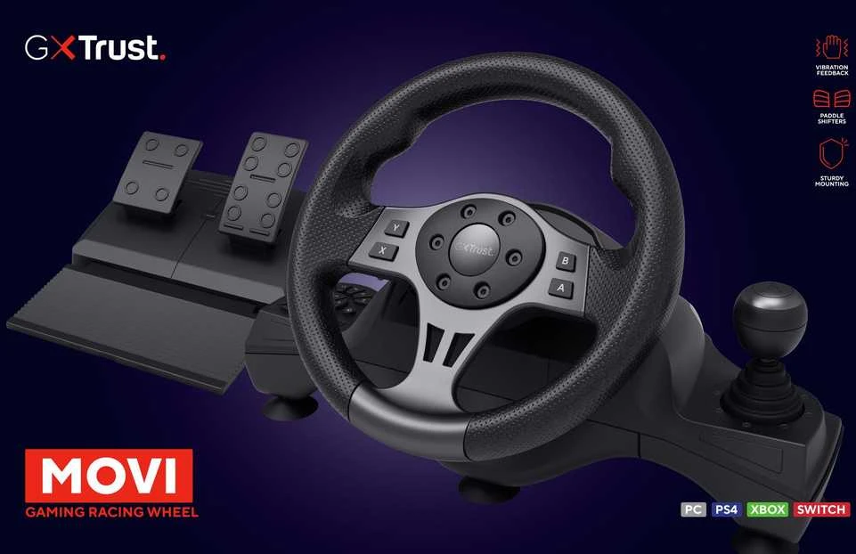 „Trust GXT 289 Movi Juodas“ USB vairas + pedalai, skirti „Nintendo Switch“, „PlayStation 4“, „XBOX One S“, „XBOX One X“, „XBOX Series S“, „XBOX Series X“
