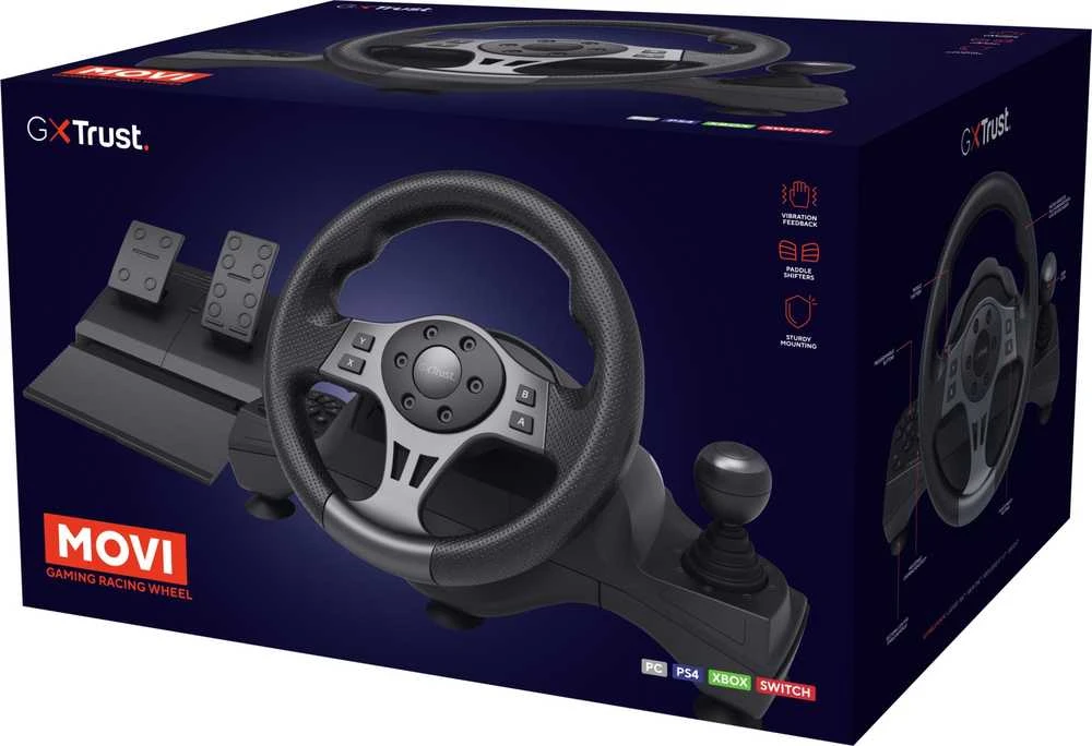 „Trust GXT 289 Movi Juodas“ USB vairas + pedalai, skirti „Nintendo Switch“, „PlayStation 4“, „XBOX One S“, „XBOX One X“, „XBOX Series S“, „XBOX Series X“