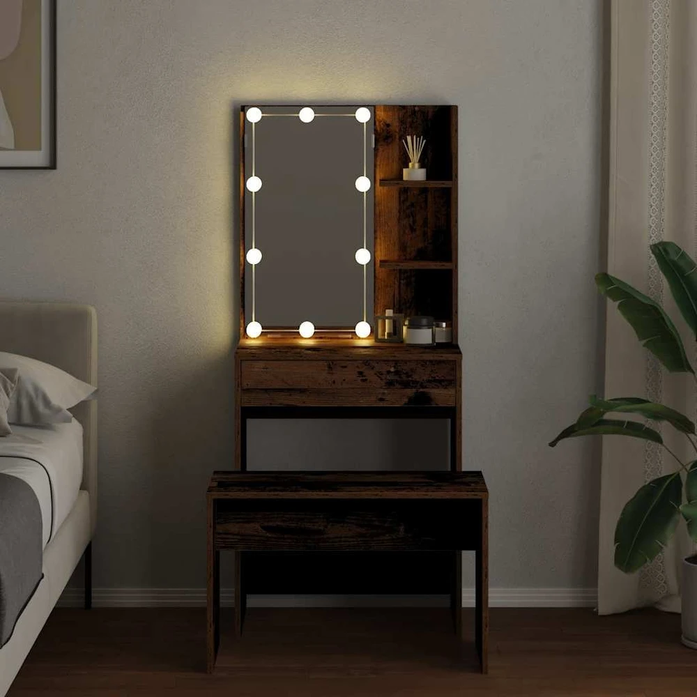 Kosmetinio staliuko su LED, sendintos medienos apdirbta mediena