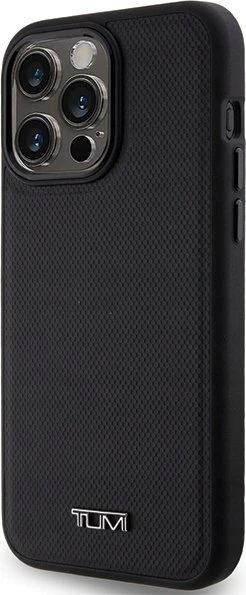 Tumi TUHMP15XRBAK Apple iPhone 15 Pro Max 6.7" juodos spalvos kietas dėklas, odinis balistinio rašto MagSafe dėklas