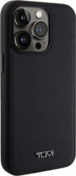 Tumi TUHMP15XRBAK Apple iPhone 15 Pro Max 6.7" juodos spalvos kietas dėklas, odinis balistinio rašto MagSafe dėklas