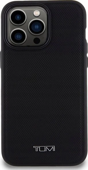 Tumi TUHMP15XRBAK Apple iPhone 15 Pro Max 6.7" juodos spalvos kietas dėklas, odinis balistinio rašto MagSafe dėklas