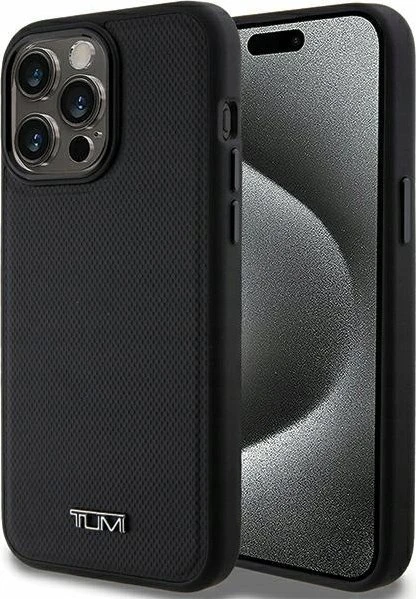 Tumi TUHMP15XRBAK Apple iPhone 15 Pro Max 6.7" juodos spalvos kietas dėklas, odinis balistinio rašto MagSafe dėklas