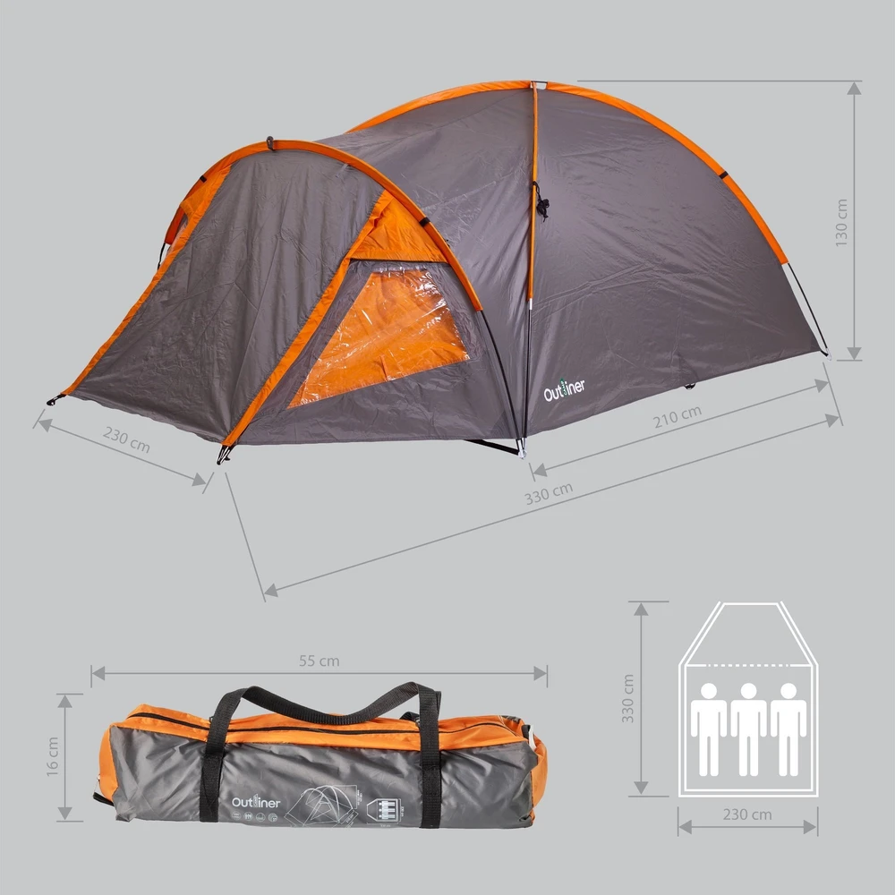 Trivietė palapinė Outliner RD-T22-3, oranžinė/pilka, 330 cm x 230 cm x 130 cm