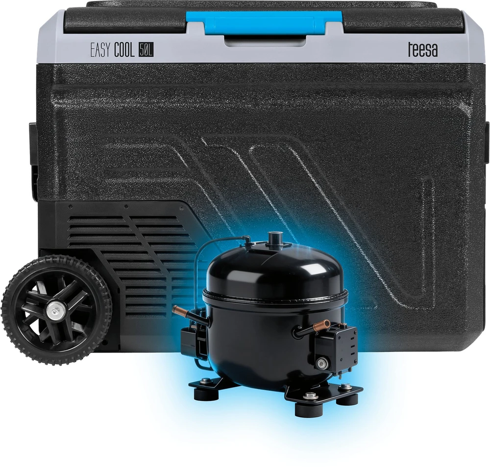 Profesjonalna Profesionalus TEESA kompresorinis kelioninis šaldytuvas su šaldymo funkcija, 50 l DC12/24 AC 230V, dideli ratukai ir tvirta rankena, „Bluetooth“, maitinimas baterijomis.