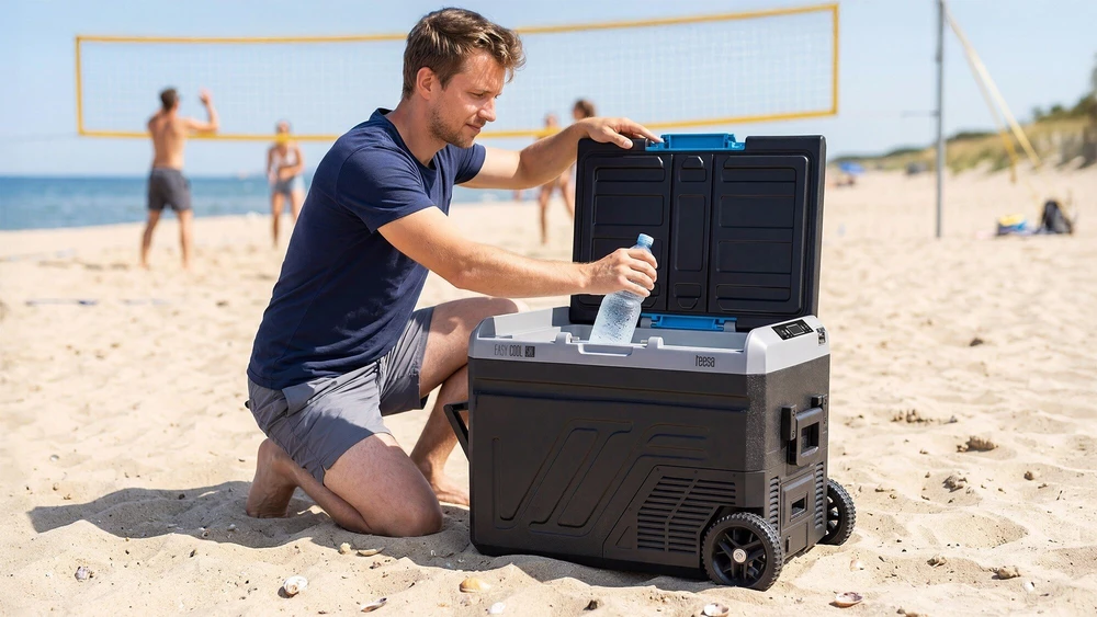 Profesjonalna Profesionalus TEESA kompresorinis kelioninis šaldytuvas su šaldymo funkcija, 50 l DC12/24 AC 230V, dideli ratukai ir tvirta rankena, „Bluetooth“, maitinimas baterijomis.