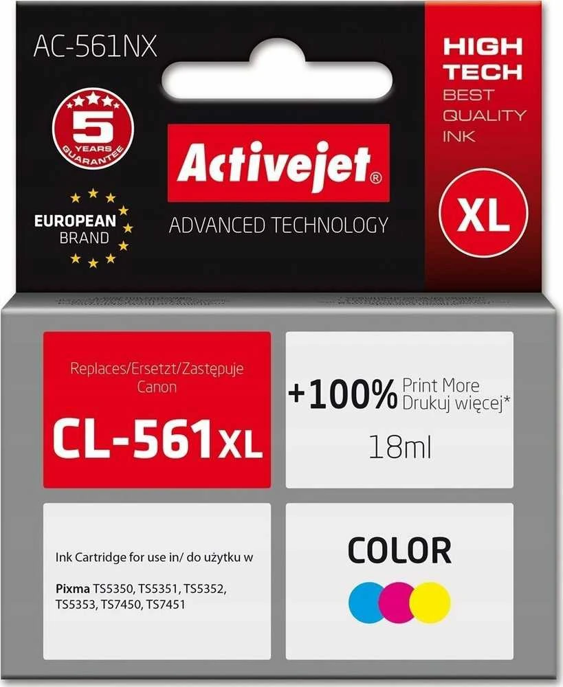 Rašalo Kasetė - Activejet AC-561NX Didelio Pajėgumo 18ml Suderinama su Canon CL-561XL Spalva: Mėlyna, Magenta, Geltona