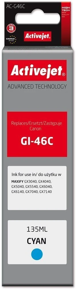 Activejet AC-G46C Rašalo kasetė, skirta Canon spausdintuvams, Canon GI-46C pakaitalas; Supreme; 135 ml; žydra