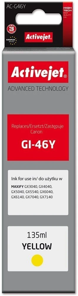 Activejet AC-G46Y rašalo kasetė, skirta Canon spausdintuvams, Canon GI-46Y pakaitalas; Supreme; 135 ml; geltona