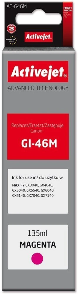 Activejet AC-G46M rašalo kasetė, skirta Canon spausdintuvams, Canon GI-46M pakaitalas; Supreme; 135 ml; rausvai raudona