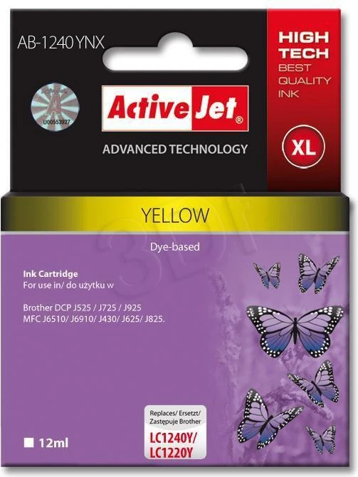 Rašalo kasetė - Activejet AB-1240YNX suderinama su Brother LC1220Bk/LC1240Bk, 12 ml, Geltona