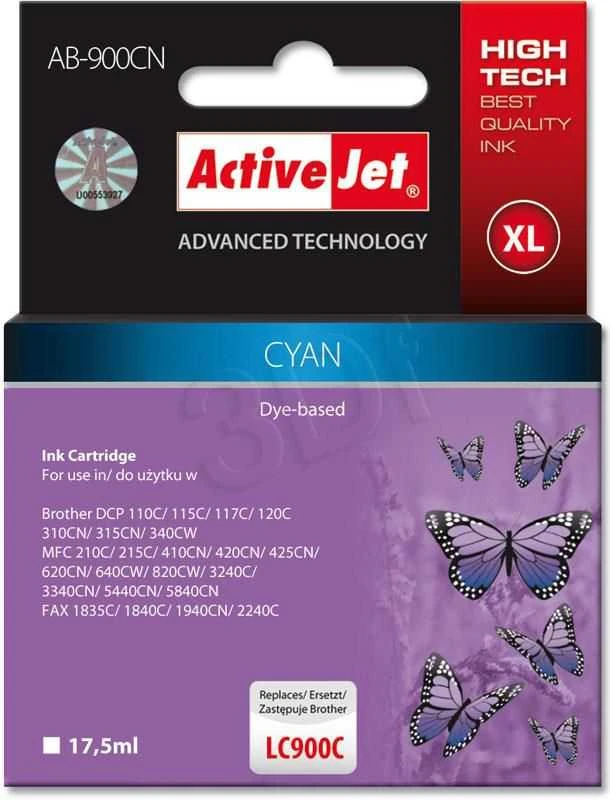 Toneris Activejet AB-900CN rašalas, skirtas Brother spausdintuvams; Brother LC900C pakeitimas; Aukščiausias; 17,5 ml; žalsvai mėlyna