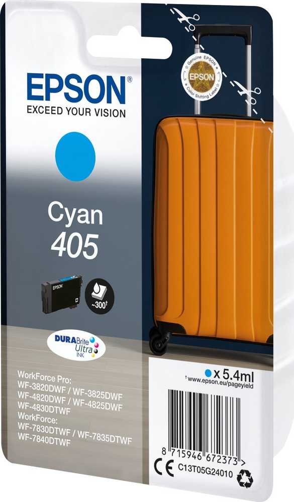 Tusz Epson 405 – 5,4 ml – žydra – originali – lizdinė pakuotė su RF / akustiniu aliarmu – rašalo kasetė – skirta „WorkForce WF-7310, 7830, 7835, 7840“, „WorkForce Pro WF-3820, 3825, 4820, 4825, 4830“