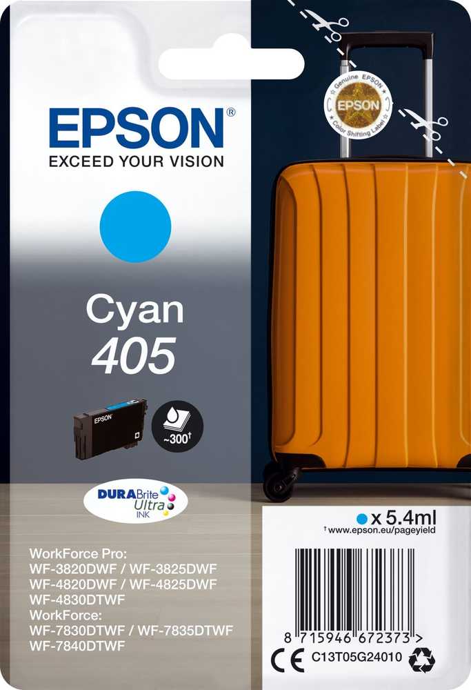 Tusz Epson 405 – 5,4 ml – žydra – originali – lizdinė pakuotė su RF / akustiniu aliarmu – rašalo kasetė – skirta „WorkForce WF-7310, 7830, 7835, 7840“, „WorkForce Pro WF-3820, 3825, 4820, 4825, 4830“