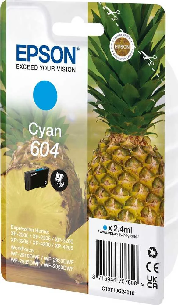 Tusz Epson 604 – 2,4 ml – žydra – originali – lizdinė plokštelė su RF / akustiniu pavojaus signalu – rašalo kasetė – skirta „Expression Home XP-2200“, „2205“, „3200“, „3205“, „4200“, „4205“, „WorkForce WF-2910“, „2930“, „2935“, „2950“