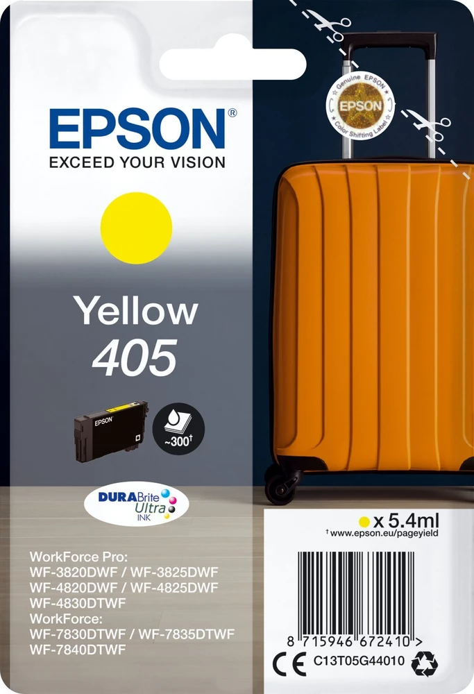 Tusz Epson Epson 405 - 5,4 ml - geltona - originali - lizdinė plokštelė su RF / akustiniu pavojaus signalu - rašalo kasetė - skirta WorkForce WF-7310, 7830, 7835, 7840, WorkForce Pro WF-3820, 3825, 4820, 4825, 4830