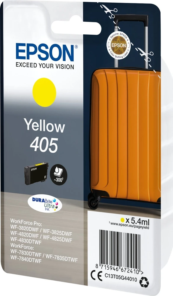 Tusz Epson Epson 405 - 5,4 ml - geltona - originali - lizdinė plokštelė su RF / akustiniu pavojaus signalu - rašalo kasetė - skirta WorkForce WF-7310, 7830, 7835, 7840, WorkForce Pro WF-3820, 3825, 4820, 4825, 4830
