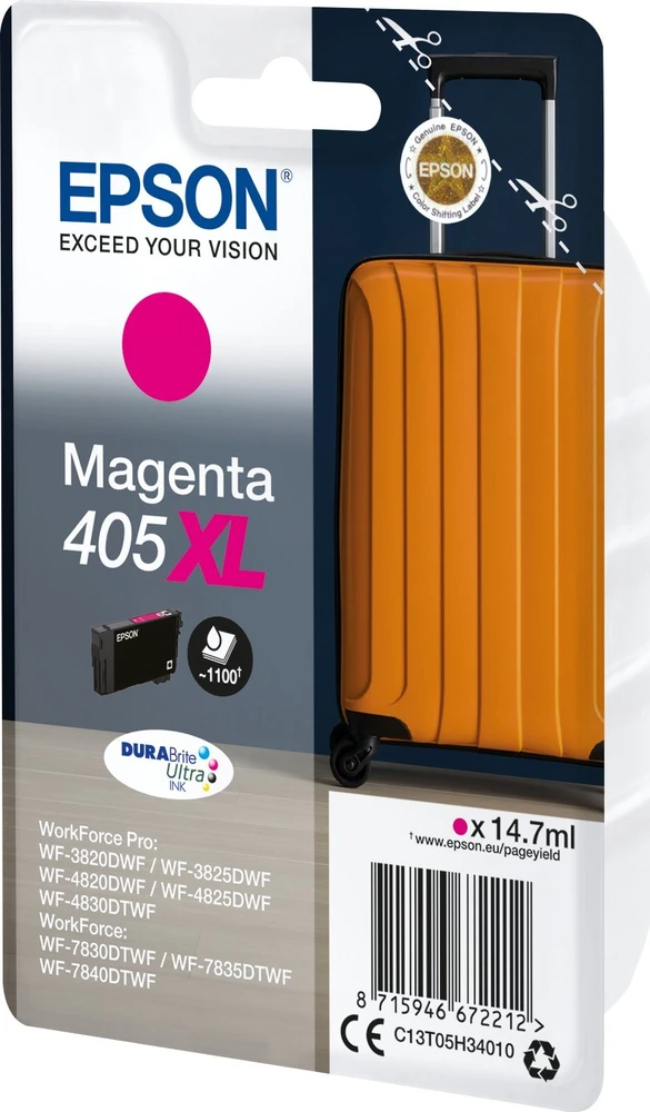 Tusz Epson Epson 405XL - 14,7 ml - XL - Magenta - originalus - lizdinė plokštelė su RF / garsiniu aliarmo signalu - rašalo kasetė - skirta WorkForce WF-7310, 7830, 7835, 7840, WorkForce Pro WF-3820, 4825, 4, 825, 8