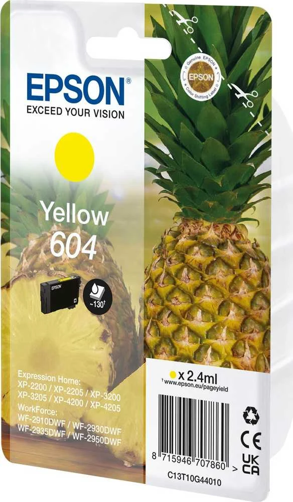 Tusz Epson Epson 604 vienkartinė pakuotė – 2,4 ml – geltona – originali – lizdinė plokštelė su RF / akustiniu pavojaus signalu – rašalo kasetė – skirta „Expression Home XP-2200“, „2205“, „3200“, „3205“, „4200“, „4205“, „WorkForce WF-2910“, „2930“, „2935“, „2950“